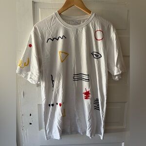 Zara White Tee with Abstract Multicolor Graphics